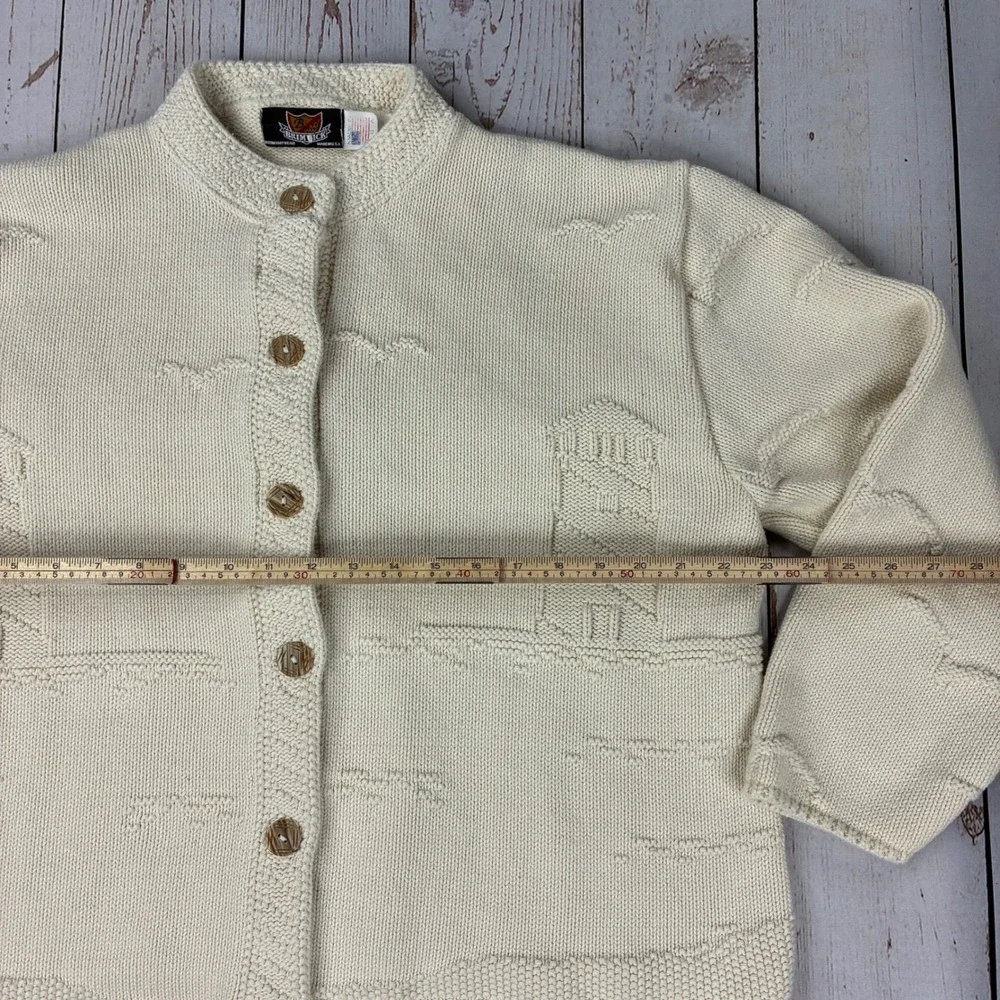Brimwick Custom Knitwear Cream Cotton Lighthouse Nautical Cardigan Sweater XL